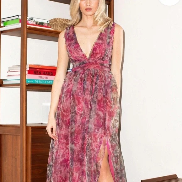Lulus - Garden Romance Magenta Floral Print Organza Maxi Dress - Picture 2 of 8